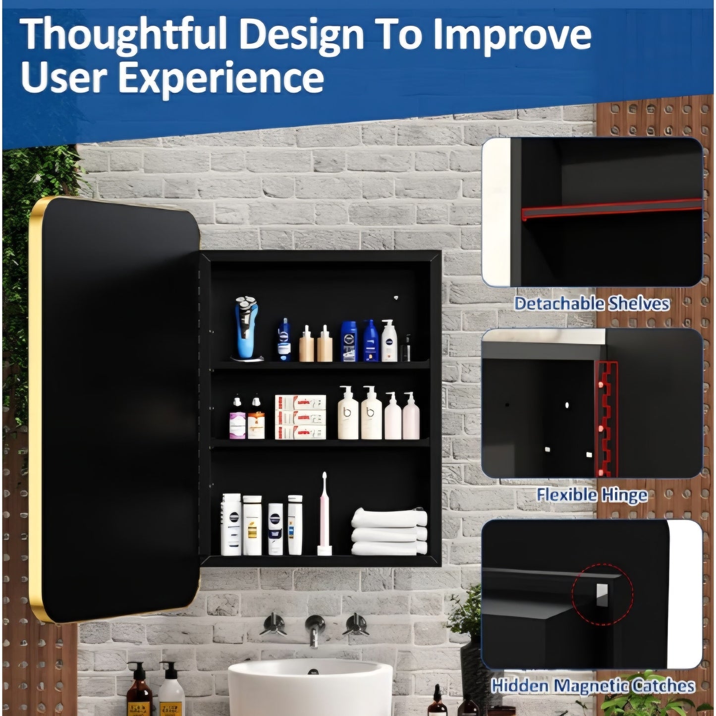 24x30 Inch Bathroom Medicine Cabinet with Mirror Gold Metal Framed Recessed or Surface Wall Mounted