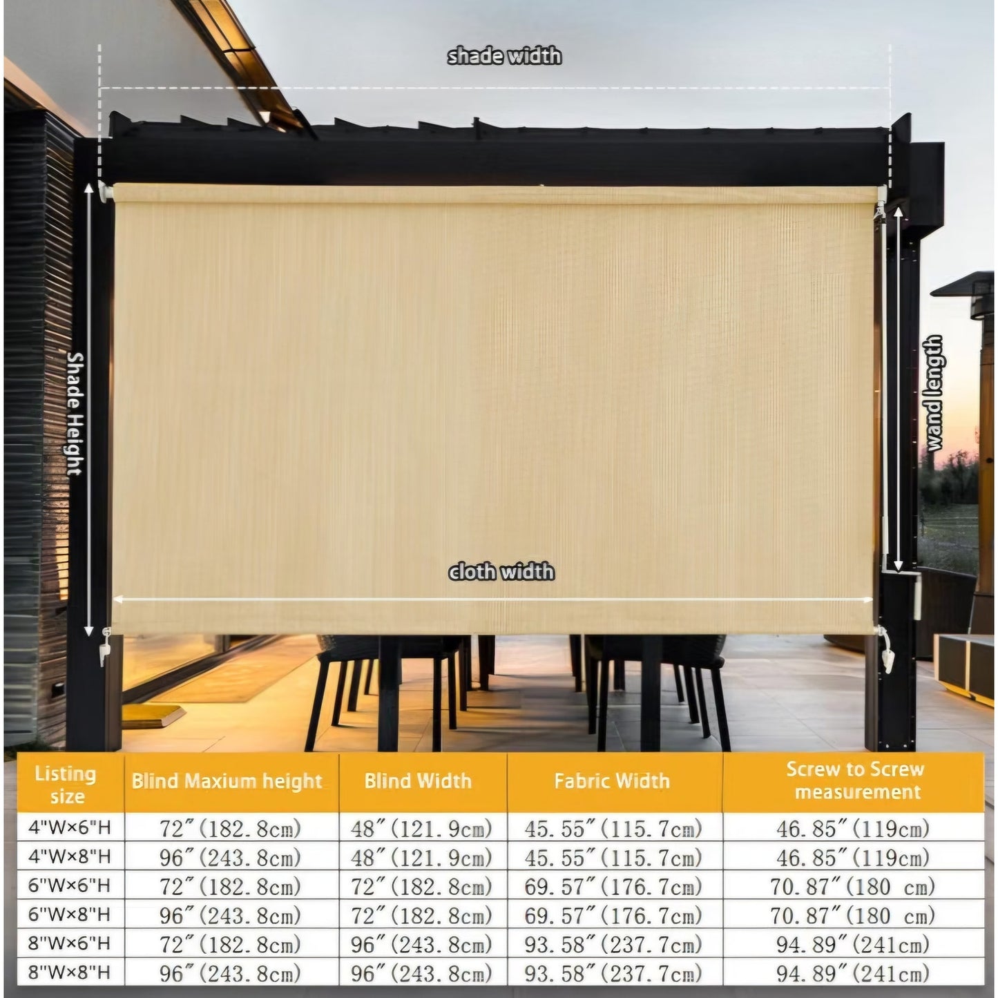 sunoff Outdoor Roller Shades, Cordless Patio Roller Up Blinds 2 Poles & 1 Fabric, Wheat, 84" Wx72 H