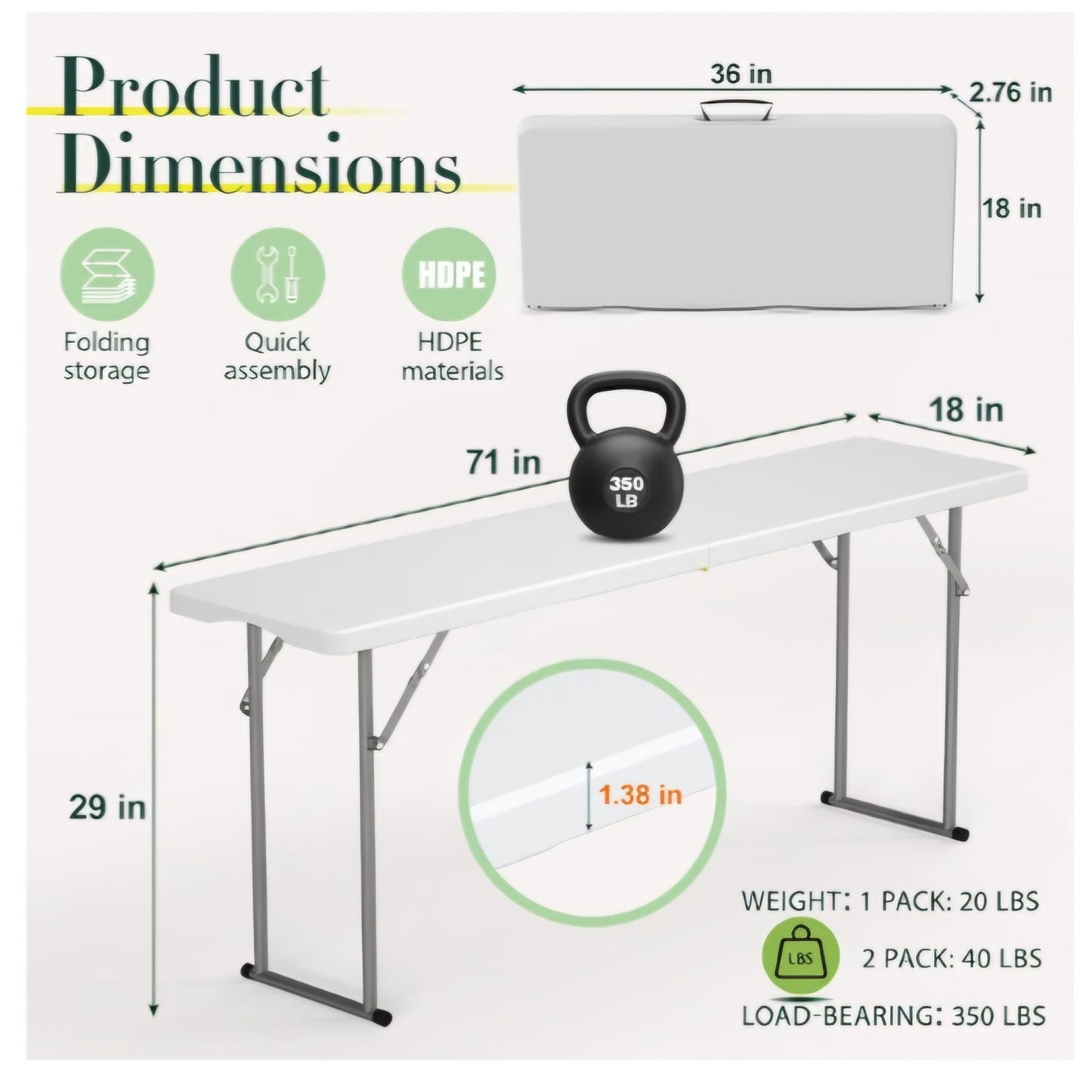 6 FT Narrow Folding Table 2 PCS, Tabletop Fold-in-Half, Thickened HDPE Material