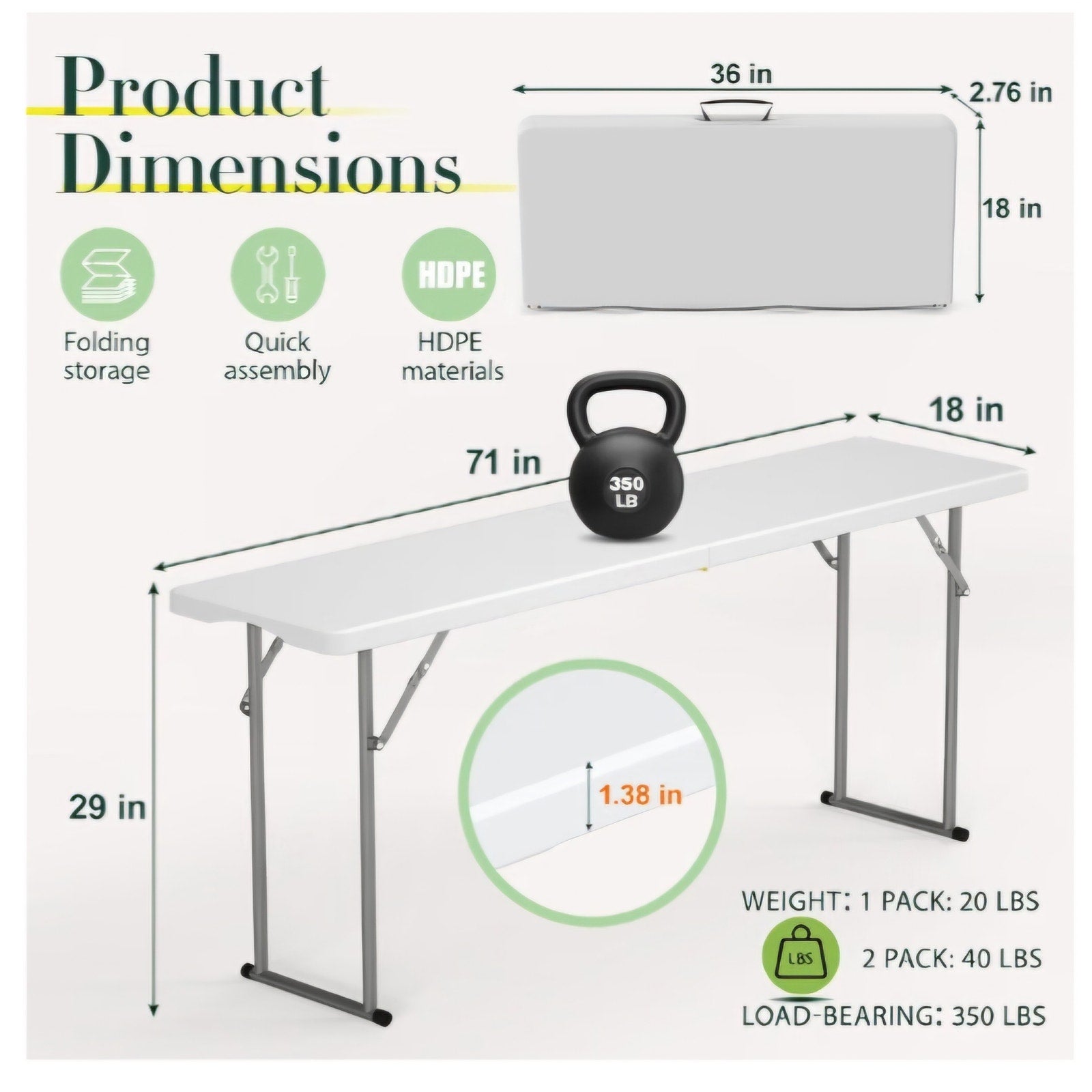6 FT Narrow Folding Table 2 PCS, Tabletop Fold-in-Half, Thickened HDPE Material