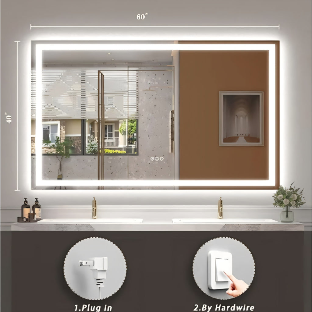 60x 40 Inch Lighted Bathroom Mirror for Wall, LED Illuminated Vanity Mirror with Lights, Dimmable