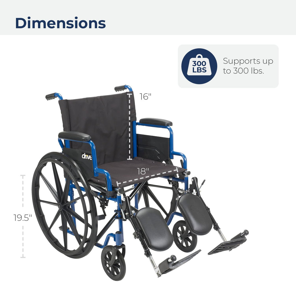 Drive Medical Blue Streak Lightweight Foldable Wheelchair- Padded Comfort- Blue/Black- 18 Inch Seat