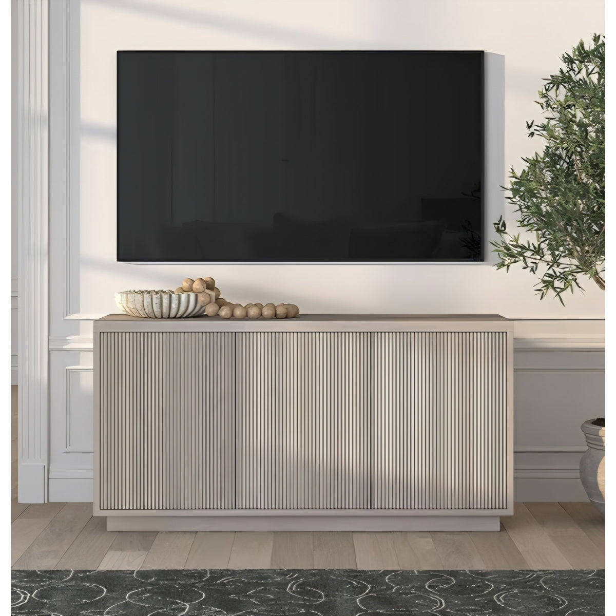 TV Stand for TVs up to 55" with 3 Swing Out Ribbed Doors and Adjustable Shelves for Living Room