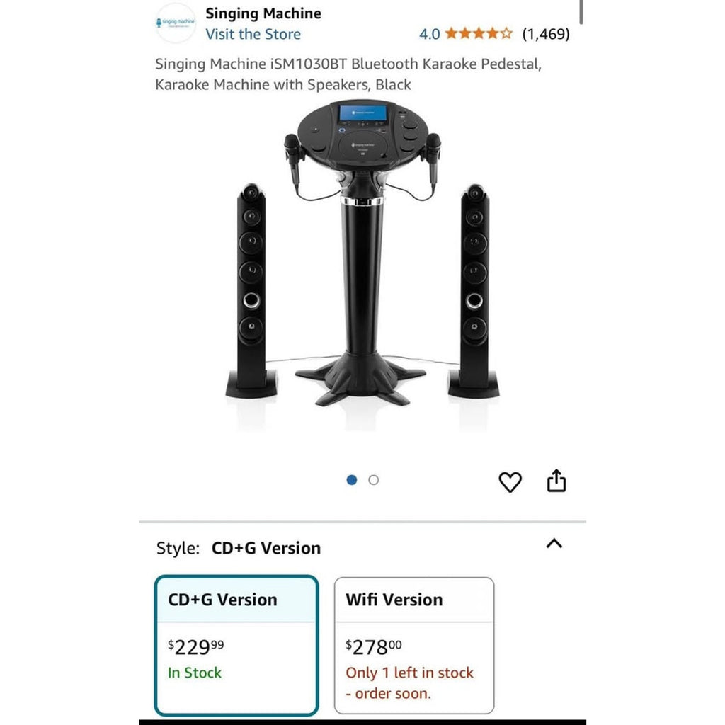 Singing Machine iSM1030BT Bluetooth Karaoke Pedestal, Karaoke Machine with Speakers, Black