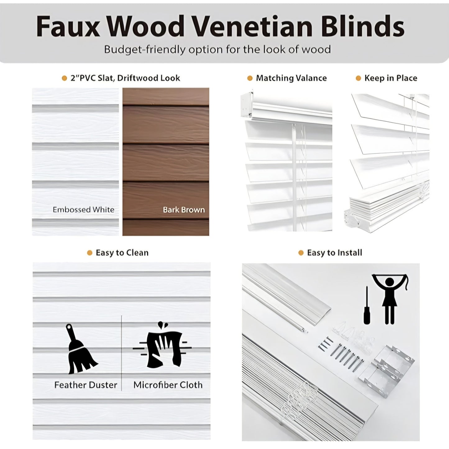 DEZ FURNISHINGS Cordless 2" Signature Faux Wood Blind, 56.5" W x 60" H, Embossed White