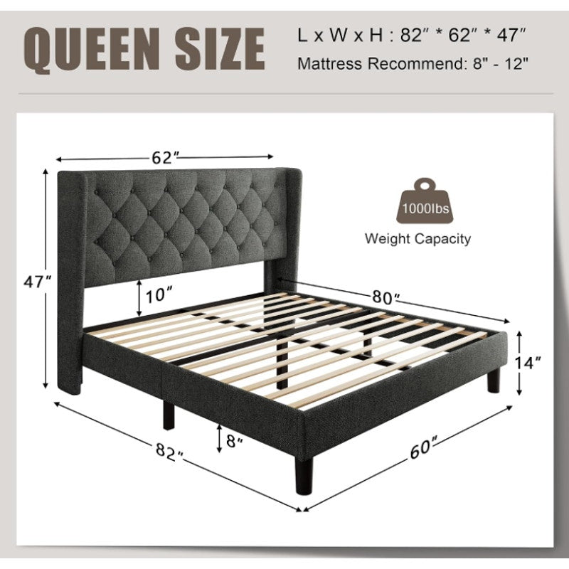 Einhomn Queen Size Platform Bed Frame with Fabric Upholstered Wingback Headboard