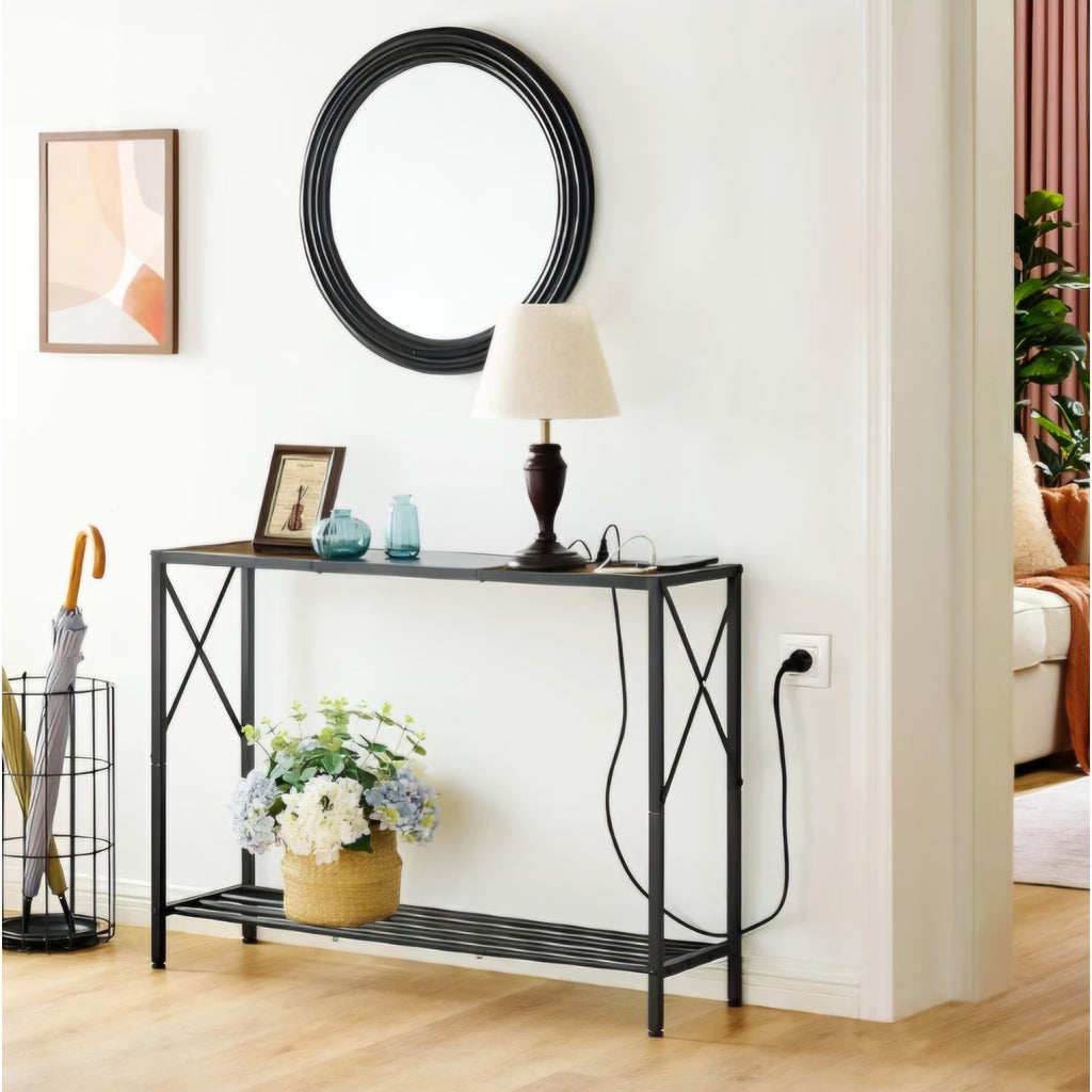 Console Table with Charging Station, 41.8" Entryway Table with Shelves, 2-Tier Narrow Sofa Table
