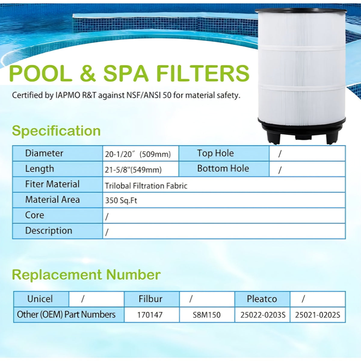Swimming Pool Filter Cartridge, 450 Sq. Ft S8M150 System 3 Inner and Outer Cartridge, Replacement