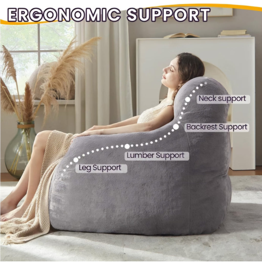 Giant Bean Bag Chair with Lumbar Pillow & Armrests, Oversized Dark Gray Faux Fur Bean Bag Couch