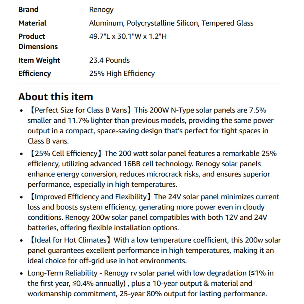 Renogy Solar Panels 200 Watt N-Type, 24 Volt 200W Solar Panel 16BB 25% High-Efficiency Solar Cell