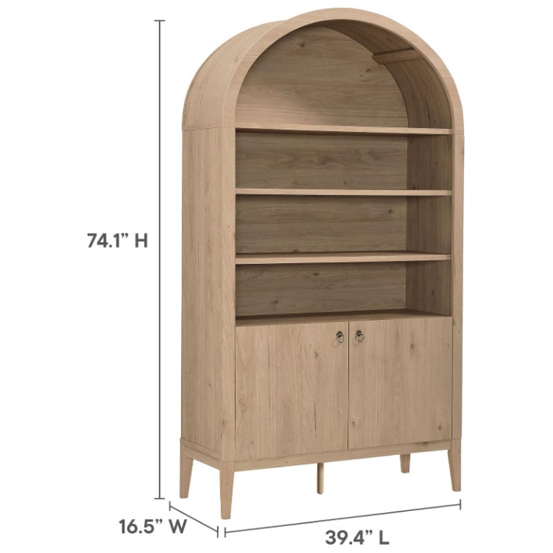 Modway Nolan Tall Arched Storage Display Cabinet in Light Oak - 74 Inch Arch Bookshelf