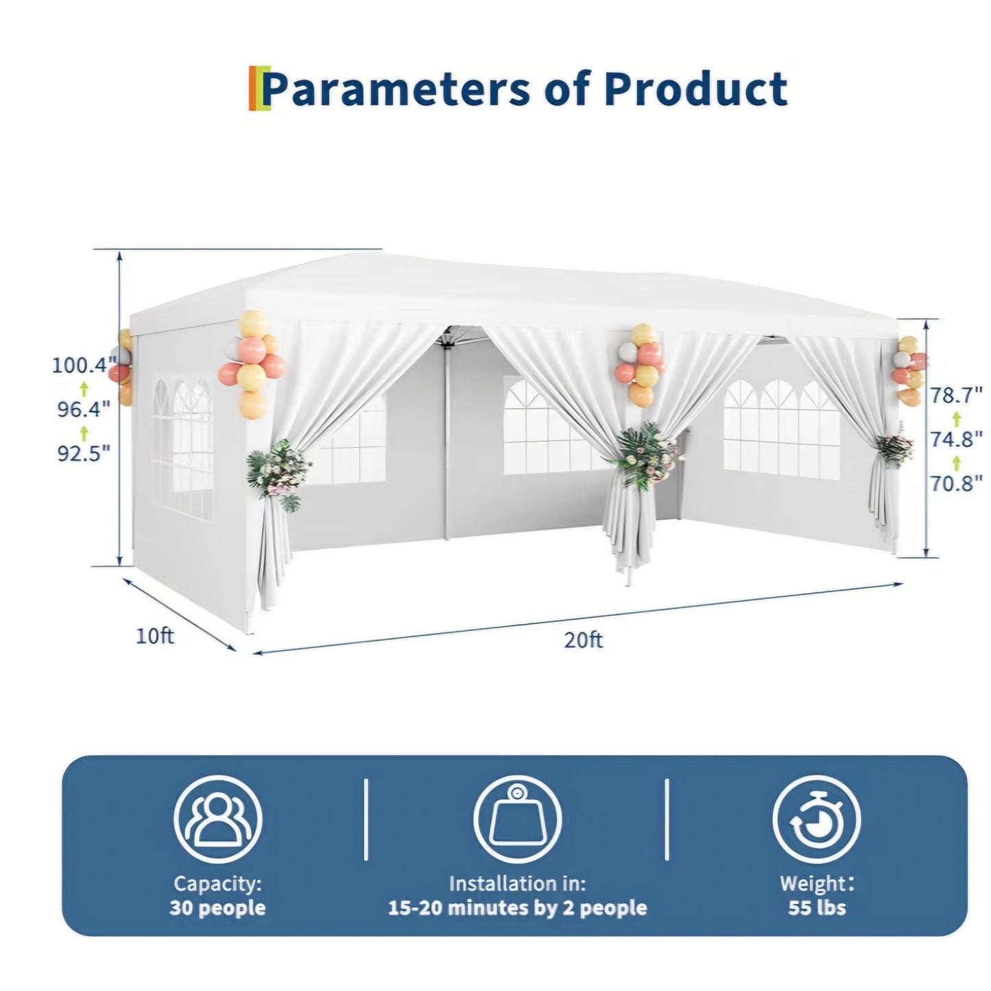 10x20 Pop Up Canopy Tent with 6 Removable Sidewalls, Easy Up Commercial Canopy Tents for Parties