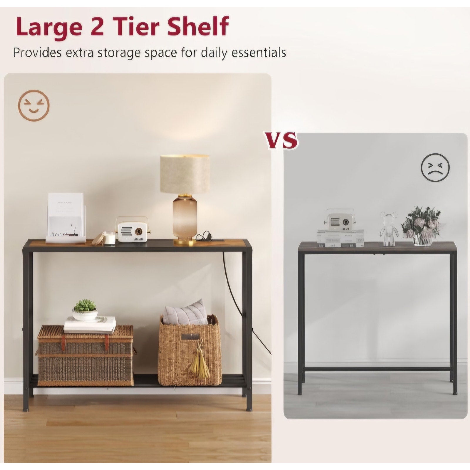 Console Table with Charging Station, 41.8" Entryway Table with Shelves, 2-Tier Narrow Sofa Table