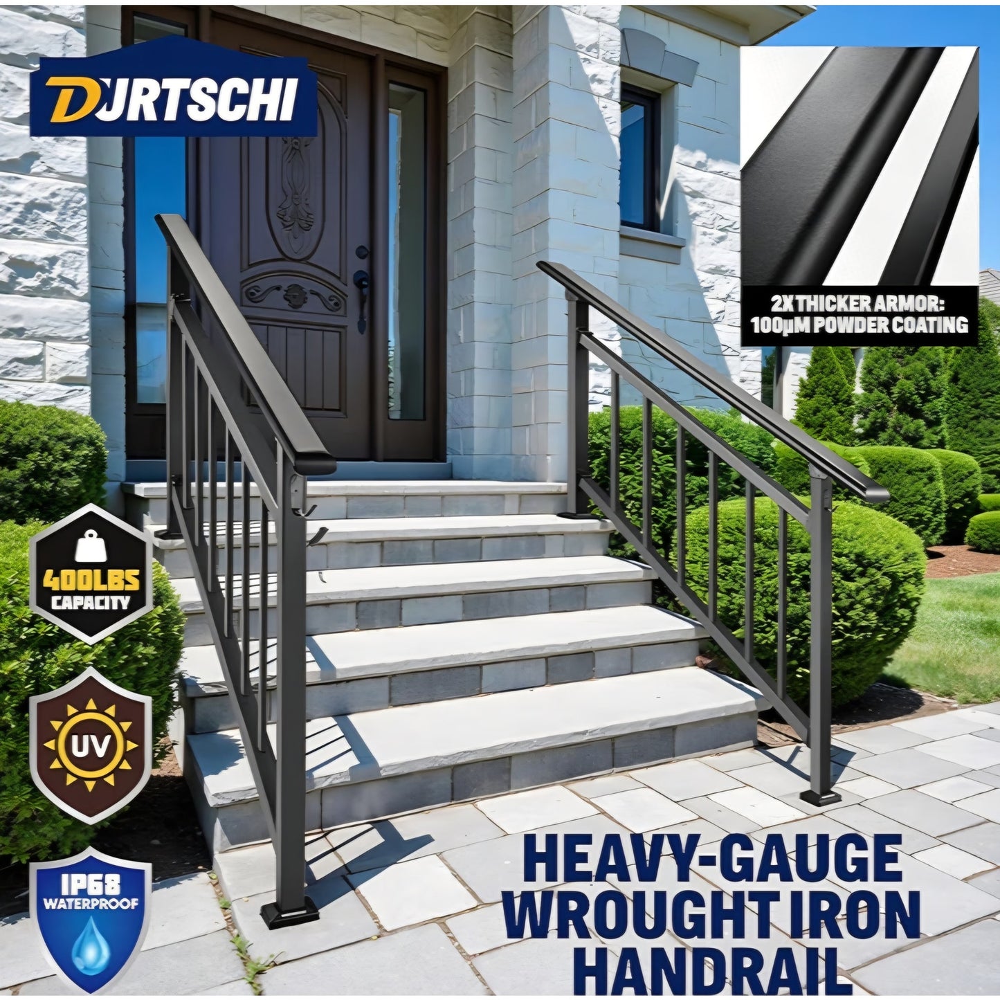 Handrails for Outdoor Steps, 4-5 Steps Wrought Iron Stair Railing with Fence