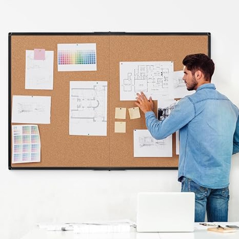 Cork Board Bulletin 36x48, Foldable Notice, for Wall, Black Al Framed 4x3 Corkboard,  36 Push Pins