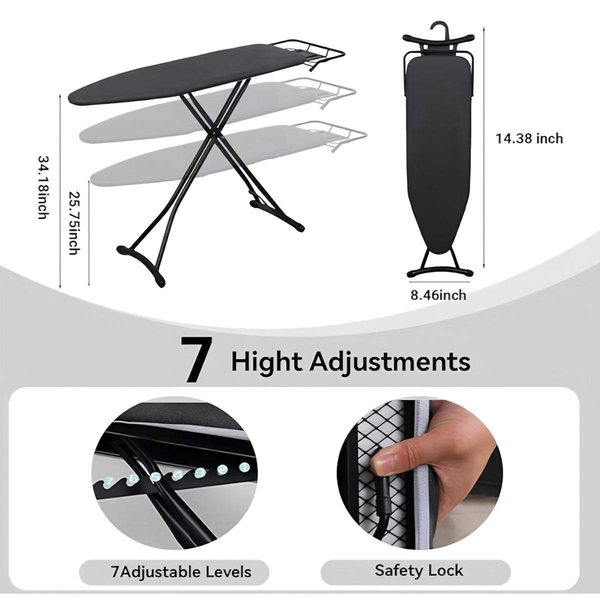 Ironging Board, Metal Mesh Panel Folding Iron Board with Retractable Iron Rest,
