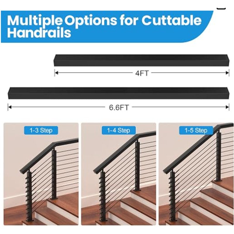 2Pack 6'6'' Rectangular Cable Railing Handrails, Black Stainless Steel Handrail with Nylon End Caps