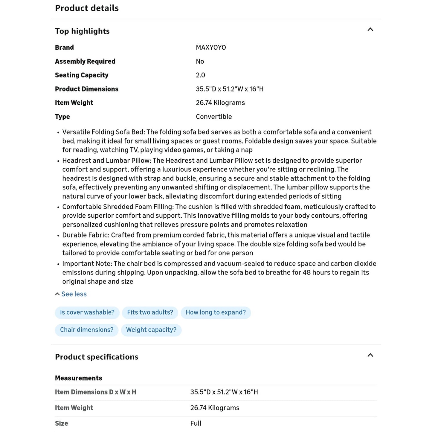 Folding Sofa Bed, Convertible Sleeper Chair with Pillow Foldable Matress with Back Support