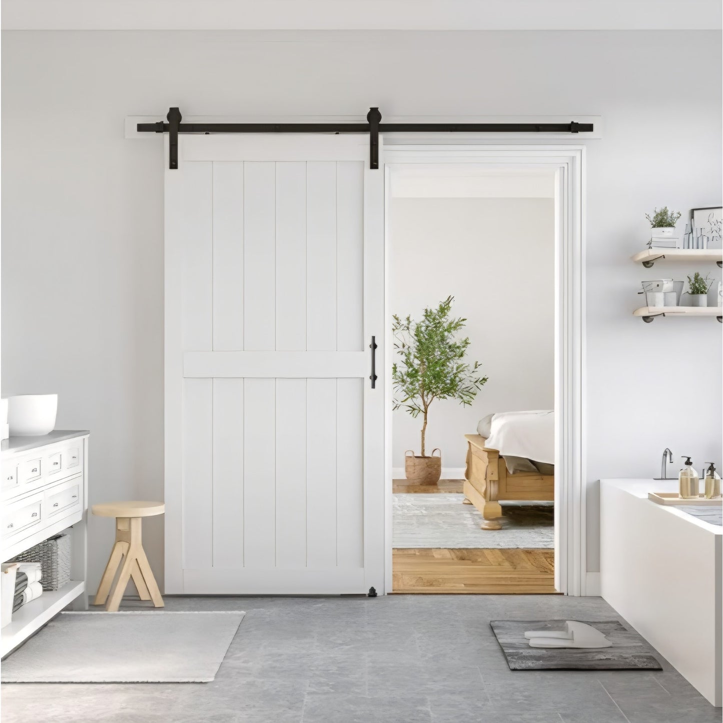 Barn Door with 7FT Black Sliding Door Hardware Kit 42 x 84 inch White