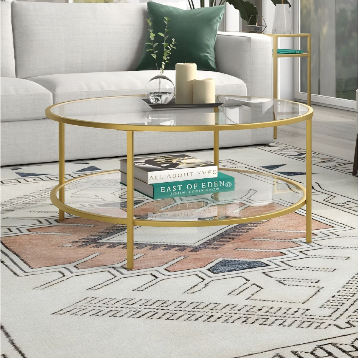 Henn&Hart 36" Wide Round Coffee Table with Glass Top in Brass, Round Coffee Table