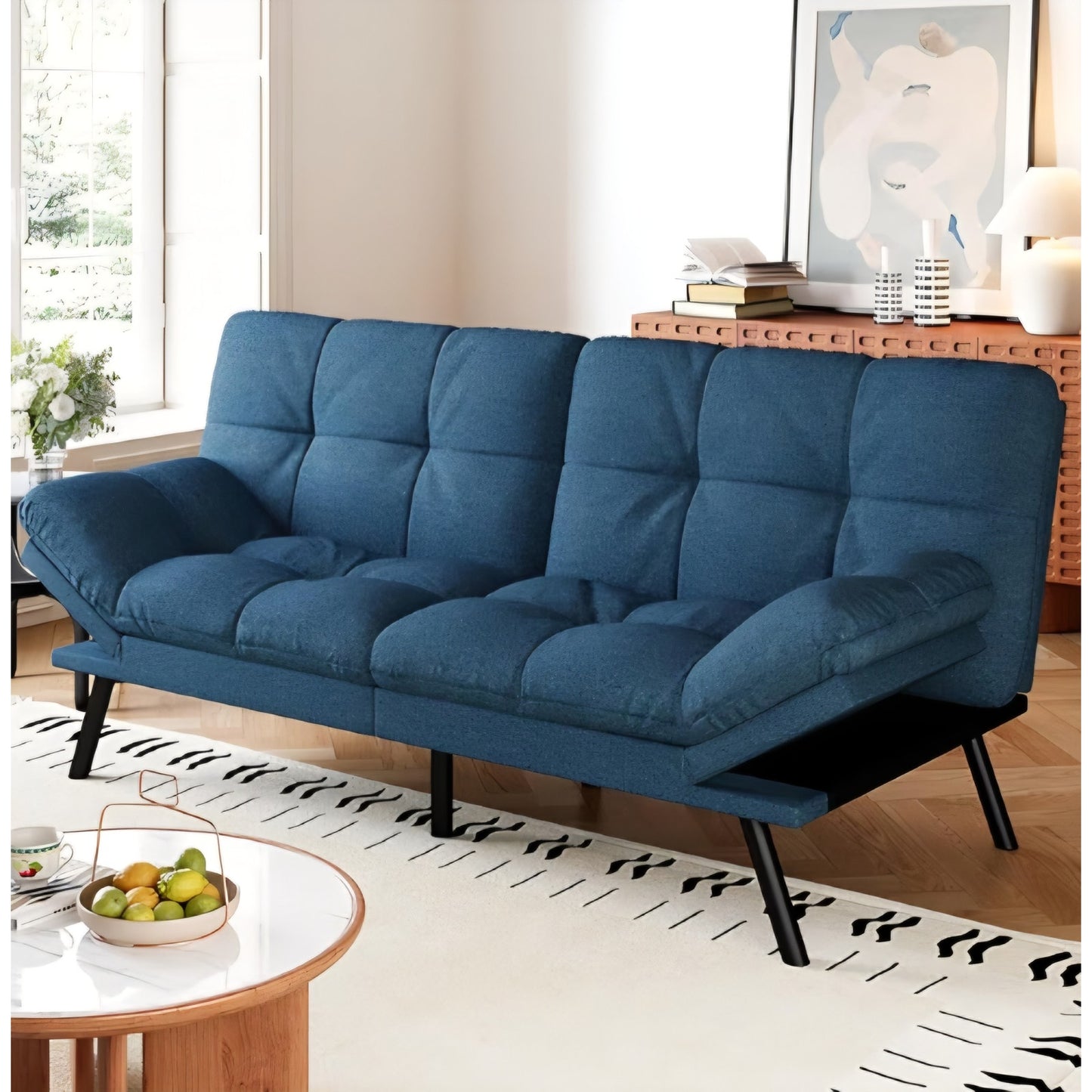 Convertible Futon Sofa Bed,Blue Linen Modern Futon Couch,Memory Foam Loveseat Sleeper Recliner