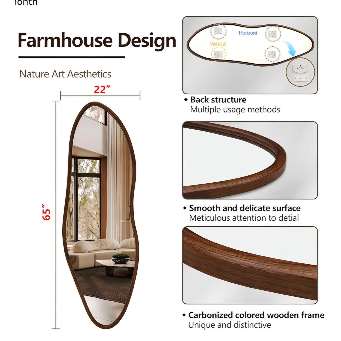 Irregular Full Length Mirror, 65"x22" Wood Full Body Mirror Walnut