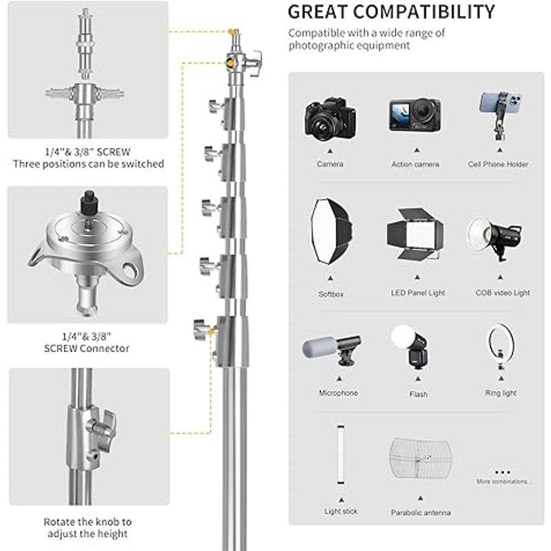 24ft Tall Telescoping Camera Tripod Stand, Heavy Duty Stainless Steel with 3 Guy Wires & 1/4" 3/8"