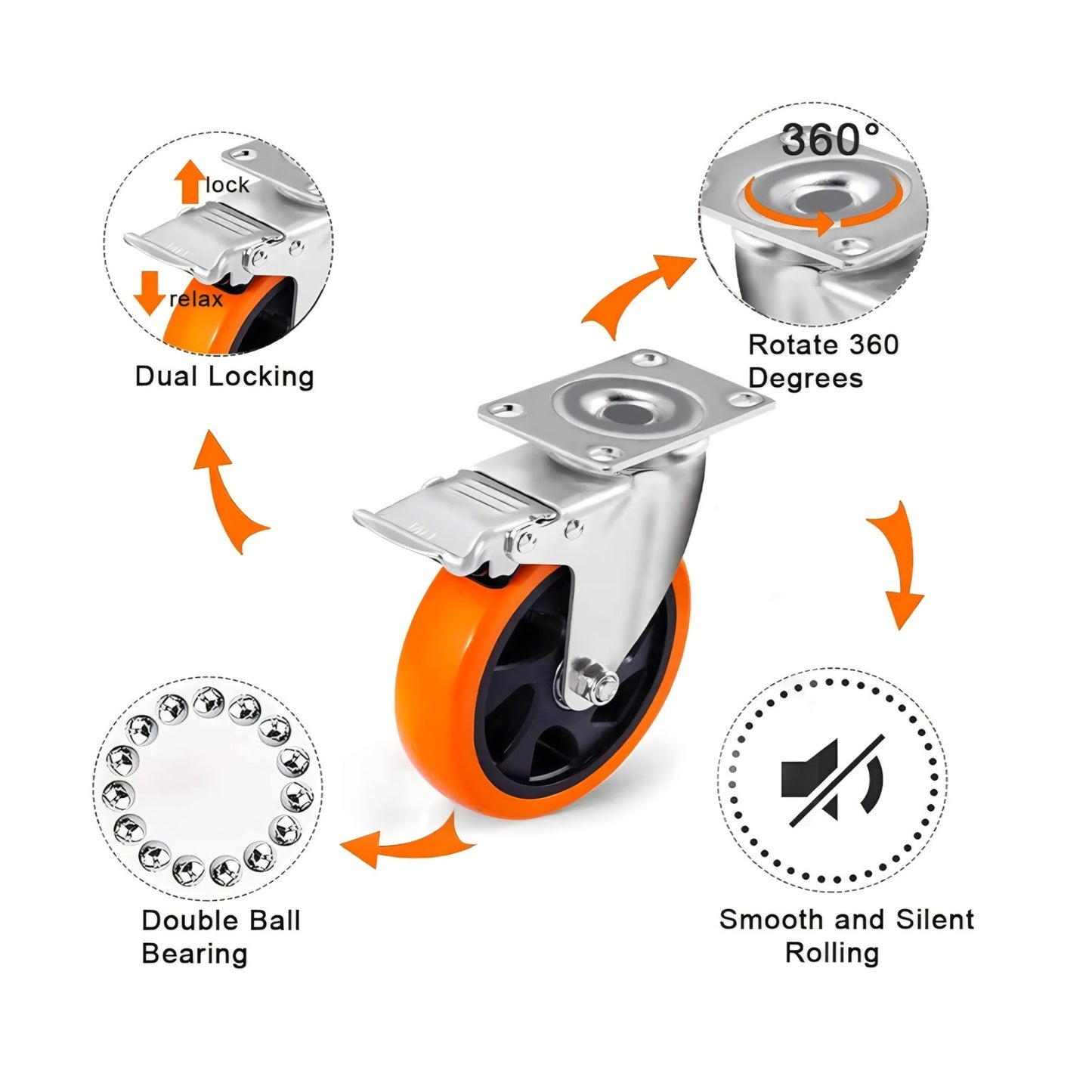 D&L 5 Inch Swivel Casters Wheels 1500lbs Heavy Duty Castors with Brake Polyurethane Dual Locking