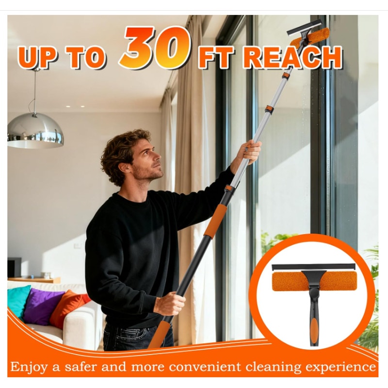 SISUPASSIE 36FT Reach 2-in-1 Window Squeegee, Professional Window Washing Kit with 7-30FT Extension