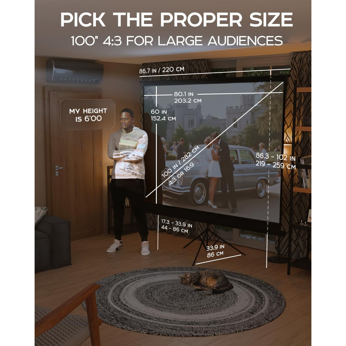 PropVue Projector Screen with Stand 100 inch-Adjustable from 16:9 to 4:3 HD Premium Wrinkle -Black