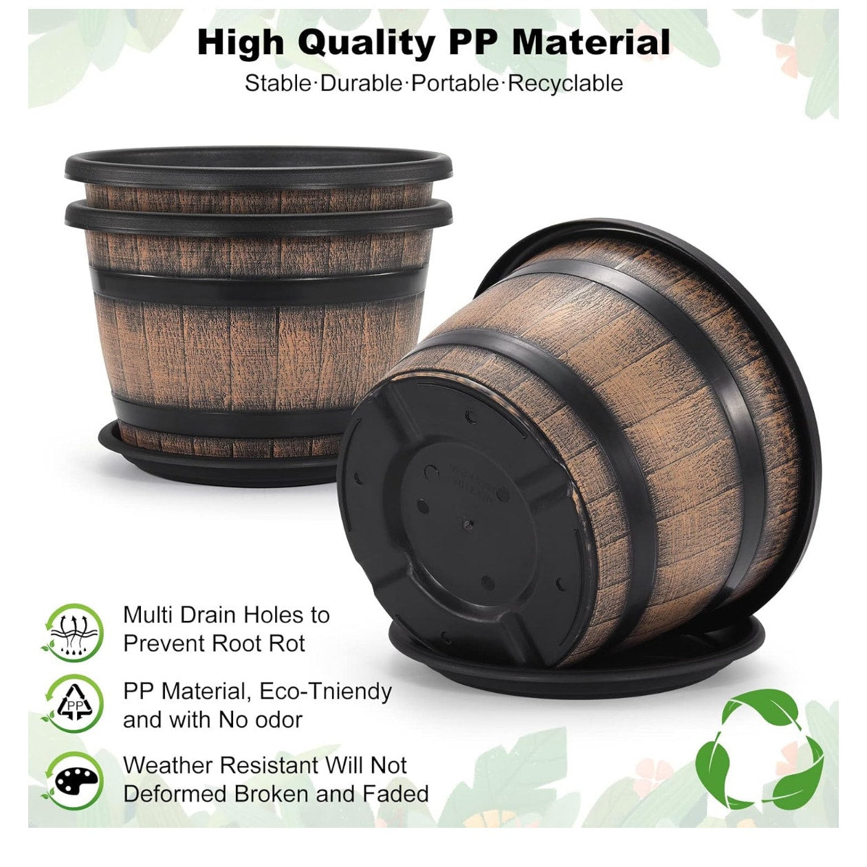 Quarut Large Plastic 3 Pack16 inch Plant Pots,Whiskey Barrel