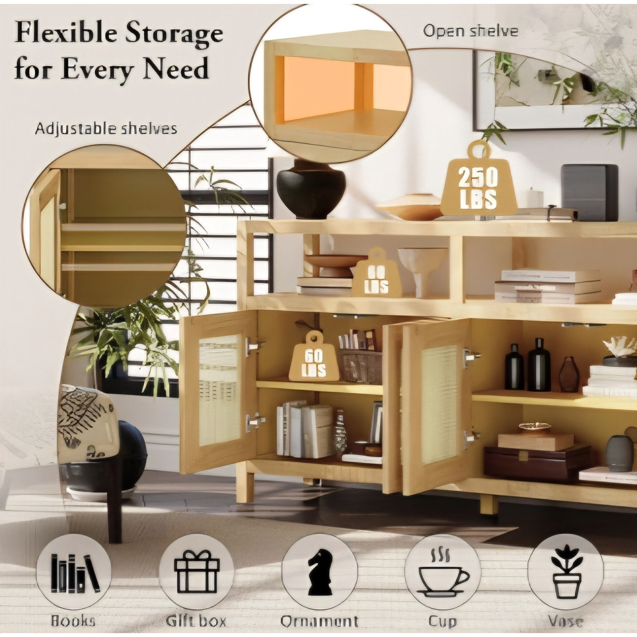 Bohemian Rattan Storage Cabinet with Adjustable Shelves