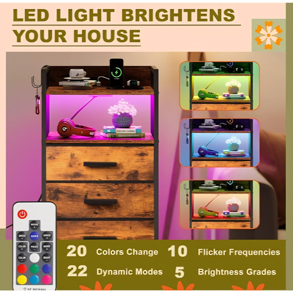 Nightstand 5 Drawer Dresser with Charging Station & LED Lights, Side Table with Fabric Drawers