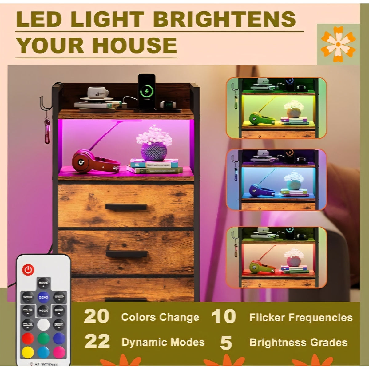 Nightstand 5 Drawer Dresser with Charging Station & LED Lights, Side Table with Fabric Drawers