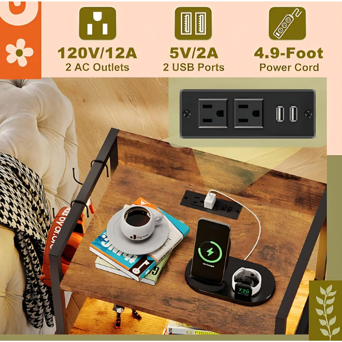 Nightstand 5 Drawer Dresser with Charging Station & LED Lights, Side Table with Fabric Drawers