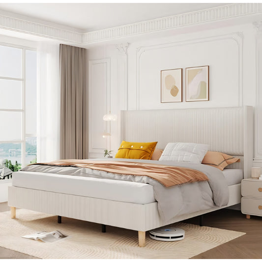 Queen Bed Frame, Corduroy Upholstered Queen Size Bed Frame with Wingback Headboard