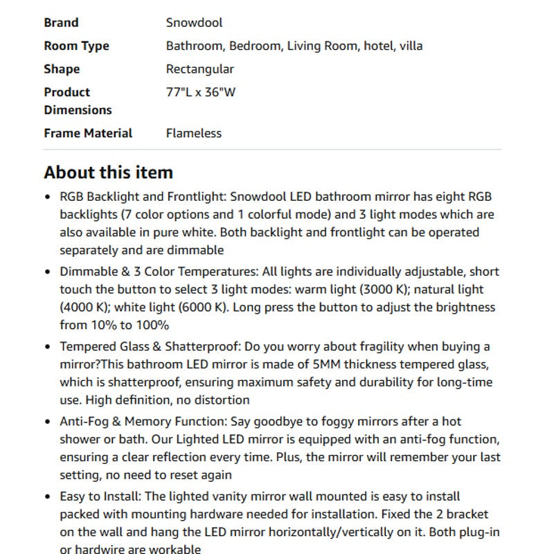 Snowdool 77 x 36 in RGB LED Bathroom Mirror, Front and Backlit, Anti-Fog