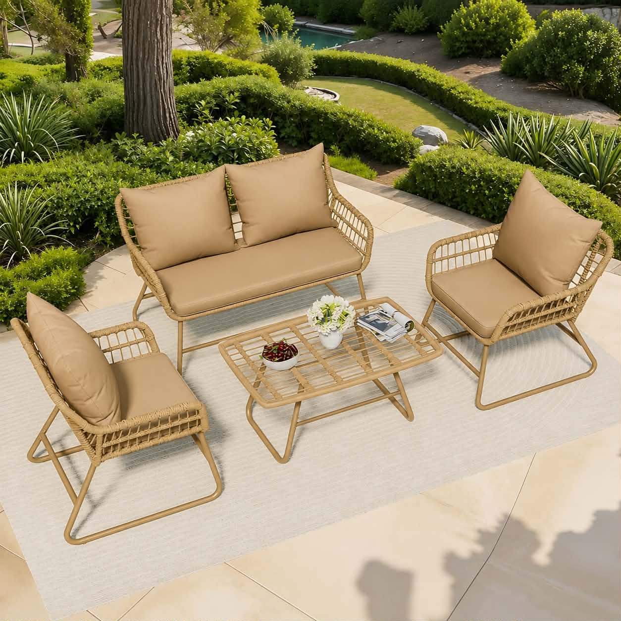 YITAHOME 4 Piece Patio Furniture Set, Wicker Outdoor Bistro Set, All Weather Rattan