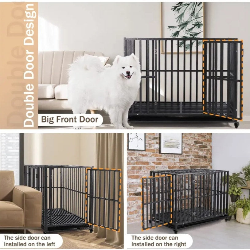 LUCKUP Heavy Duty Dog Cage - with 2 Doors and 4 Wheels