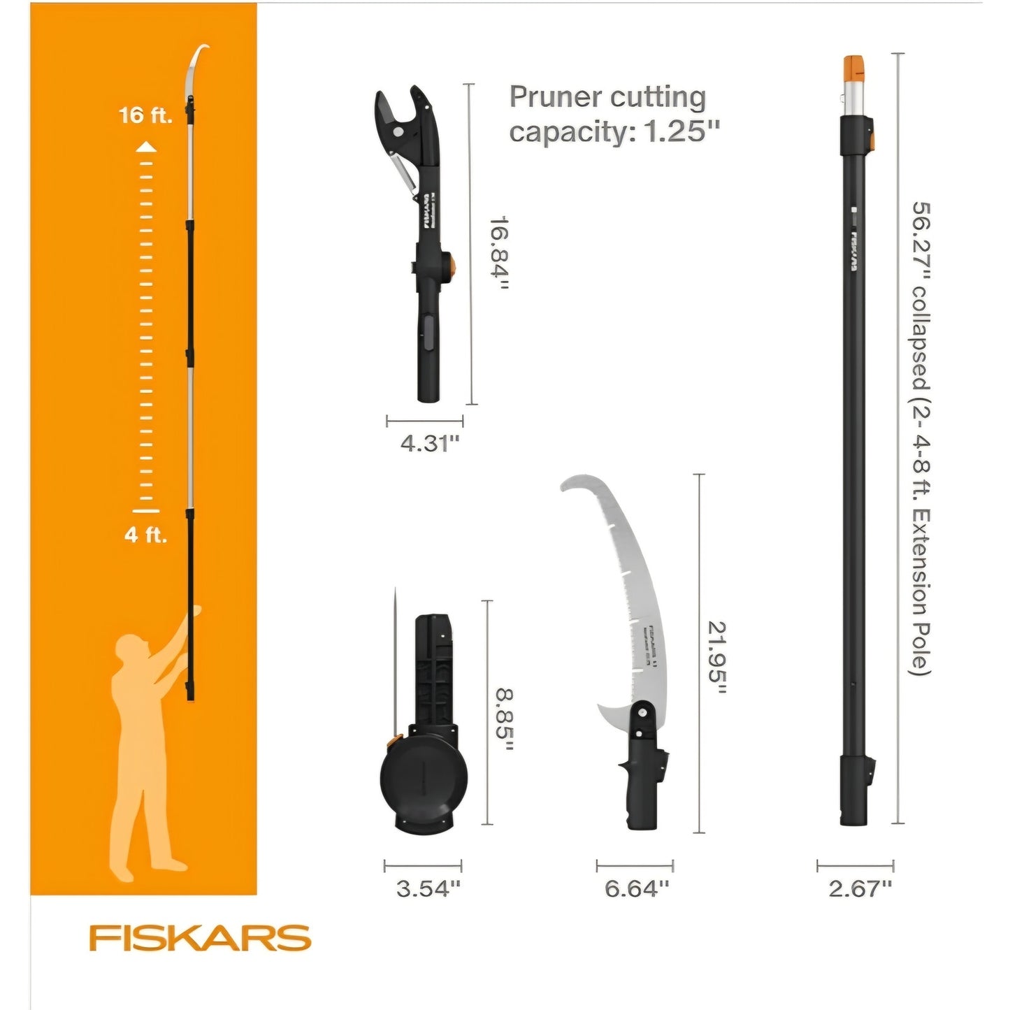 Fiskars XtendControl 16' Tree Pruner Kit with Rotating Pruner Head, 15" X3 Double-Hooked Saw