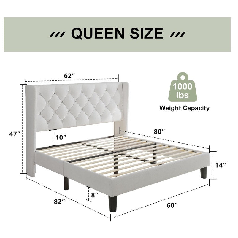 Feonase Queen Size Bed Frame with Diamond Tufted Wingback Headboard, Upholstered Platform Bed