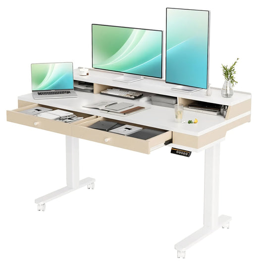 Claiks Electric Adjustable Standing Desk with Drawers, Sit Stand Up Desk with Storage Shelves