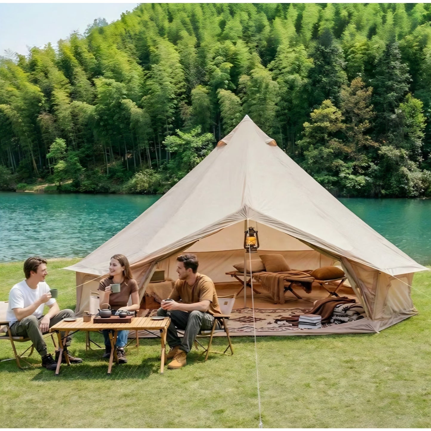 4 Season Canvas Bell Tent 9.8 FT-16.4 FT Waterproof All Weather Glamping Yurt Tent, Luxury Hot Tent