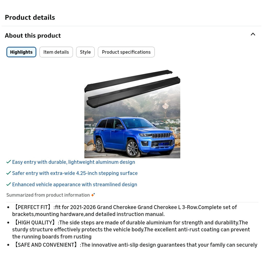 HEKA Running Boards Fit for 2021-2026 Grand Cherokee L 3-Row Aluminum Alloy Anti-Corrosion
