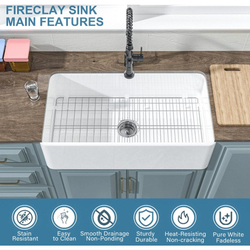 33" x 18" Fireclay Apron Front Farmhouse Sink White for Kitchen Large single bowl farm style