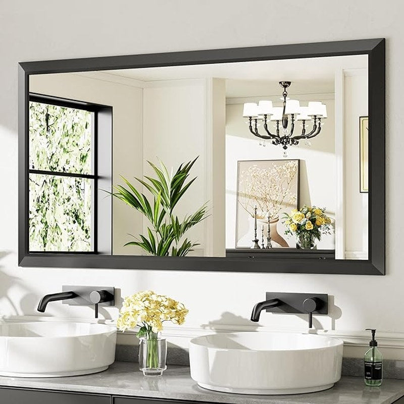 55x30 Inch Black Bathroom Mirror for Wall,Thick Metal Framed Rectangle, Anti-Rust,HD Tempered Glass