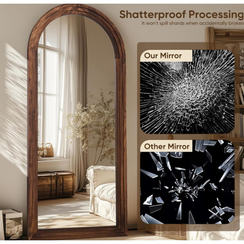Full Length Mirror 71"x32", Arched Solid Wood Frame with Stand