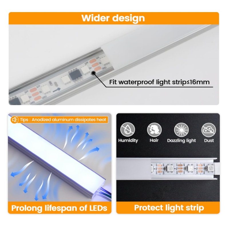 10Pack 3.3FT Wider Silver LED Strip Channel with Milky Diffuser U102 18x8.5mm Wide LED Channel