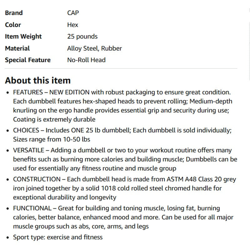 CAP Rubber Coated Dumbbell Weights, with  Chrome & Comfort Grip Handles, Singles. 25 Lb