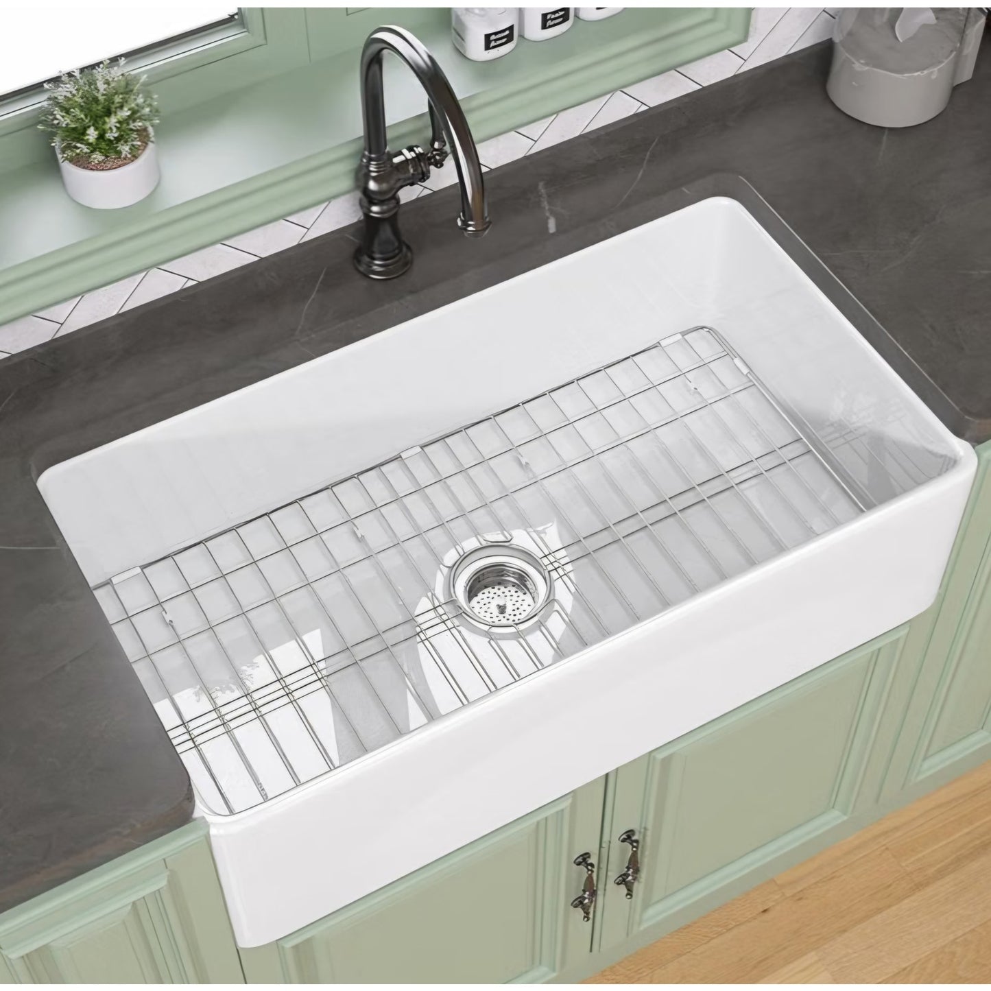 TUKTUK White Farmhouse Sink 33X20 Fireclay Farm Sink for Kitchen Apron Undermount